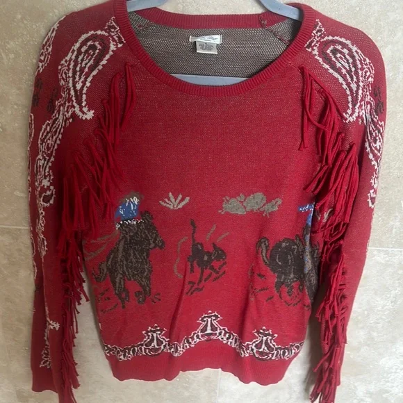 Red Western Sweater with Horse Design and Fringe - Picture 3 of 3